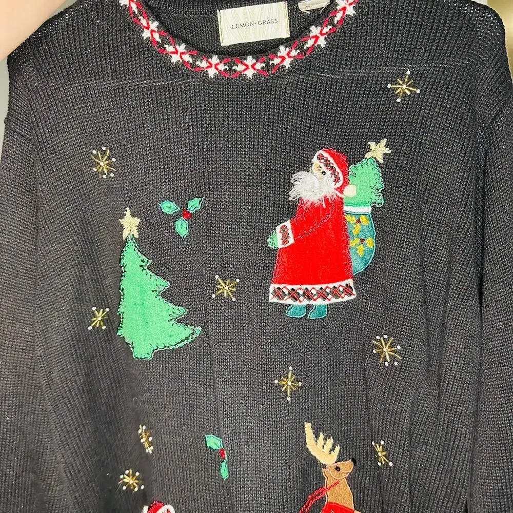 Vintage Lemon Grass Crew Neck Beaded Christmas Santa Tree Ugly Sweater size M - Picture 6 of 7